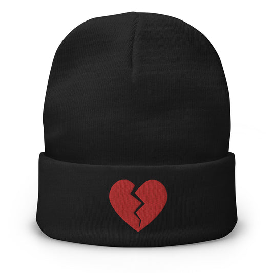 Black cuffed beanie with Red Broken Heart Valentine's Day embroidered artwork, front view