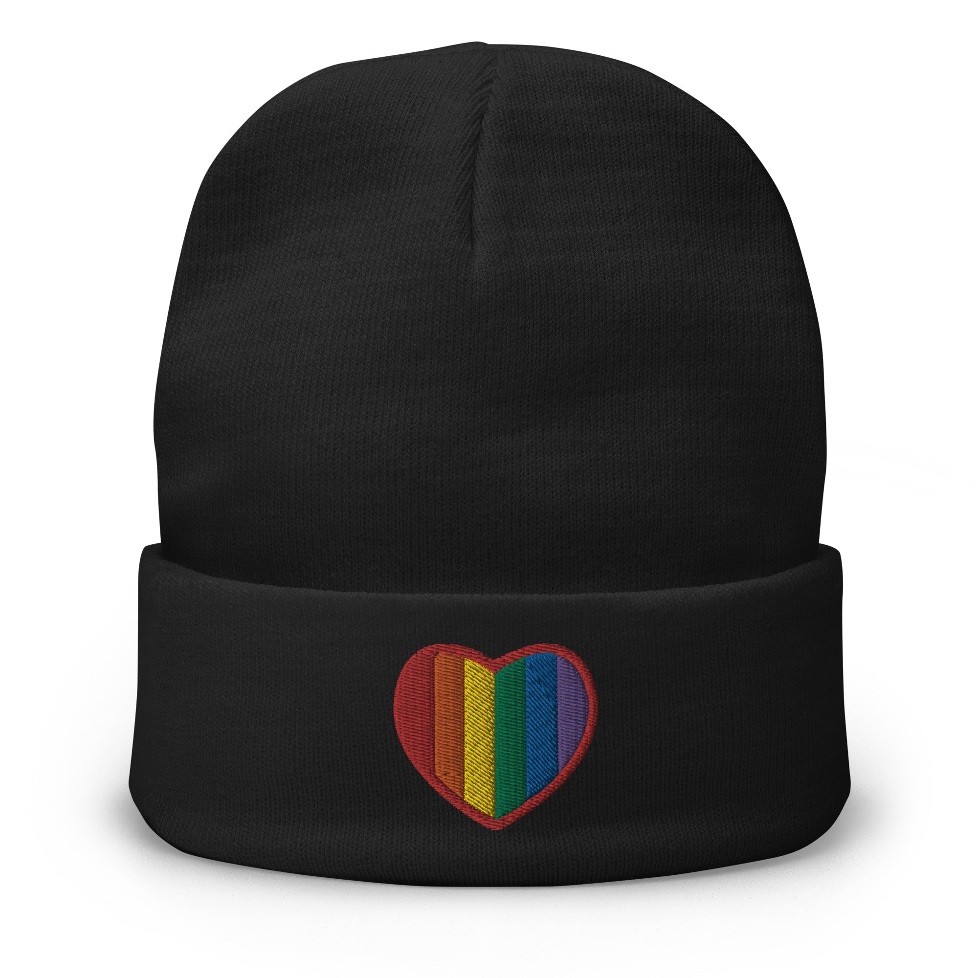Gay Pride Rainbow Colors Heart Embroidered Cuff Beanie LGBTQIA+ Community