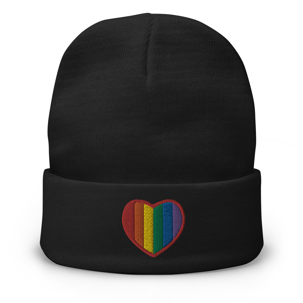 Black cuffed beanie with Gay Pride Rainbow Colors Heart embroidered artwork, front view
