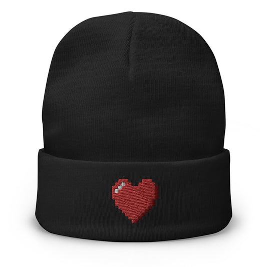 Black cuffed beanie with Retro 8 Bit Video Game Pixelated Heart embroidered artwork, front view