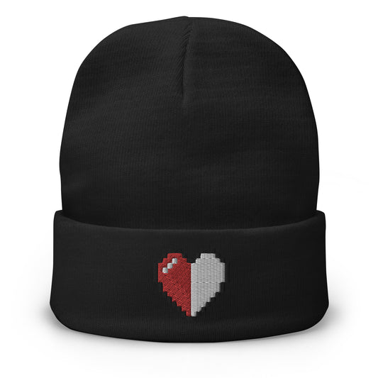 Black cuffed beanie with Retro 8 Bit Video Game Pixelated Half Life Heart embroidered artwork, front view