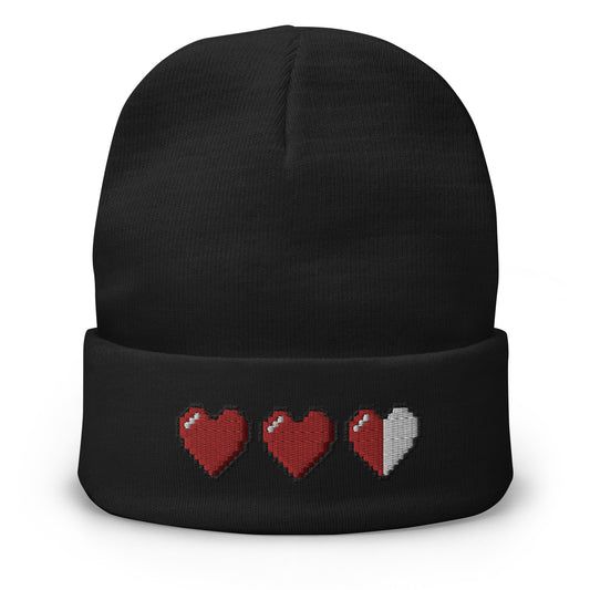 Black cuffed beanie with 3 Heart Meter Retro 8 Bit Video Game Pixelated embroidered artwork, front view