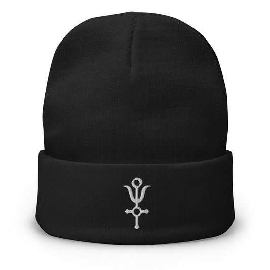Black cuffed beanie with Antimony Alchemy Protection embroidered artwork, front view
