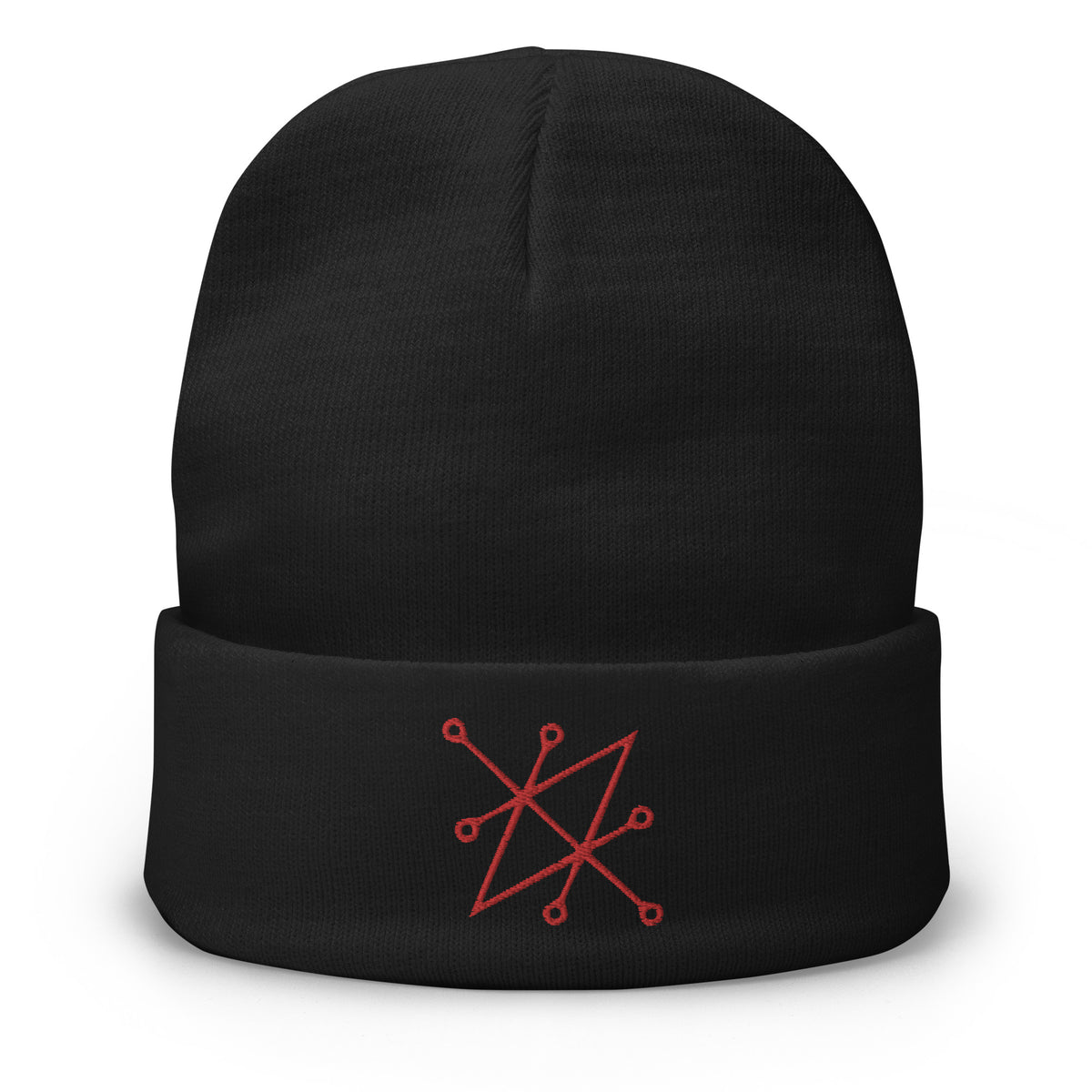 Black cuffed beanie with Red Sigil of Fallen Angel Azazel embroidered artwork, front view