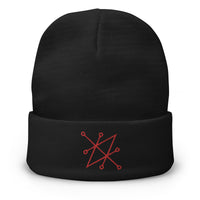 Black cuffed beanie with Red Sigil of Fallen Angel Azazel embroidered artwork, front view