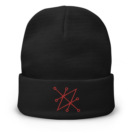 Black cuffed beanie with Red Sigil of Fallen Angel Azazel embroidered artwork, front view
