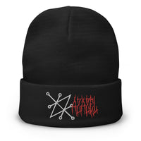 Black cuffed beanie with Sigil of Azazel Demon embroidered artwork, front view