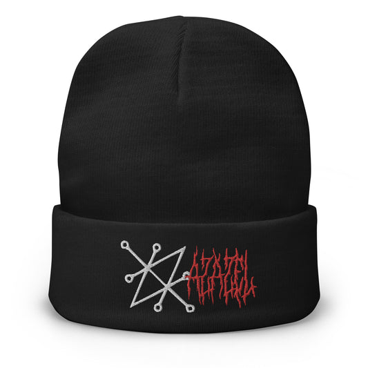 Black cuffed beanie with Sigil of Azazel Demon embroidered artwork, front view