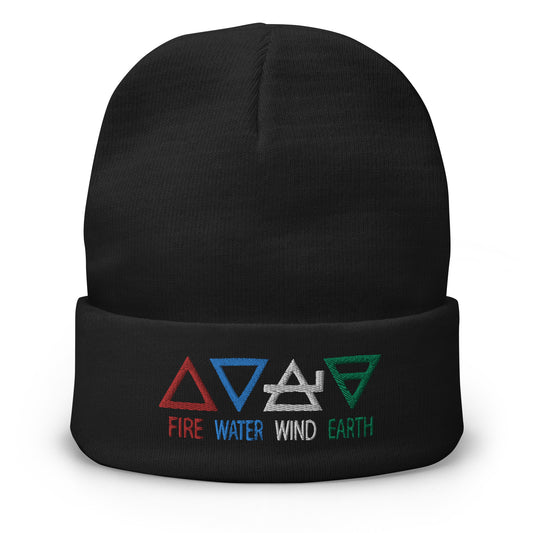 Black cuffed beanie with Four Elements of Matter: Fire, Water, Wind, Earth embroidered artwork, front view