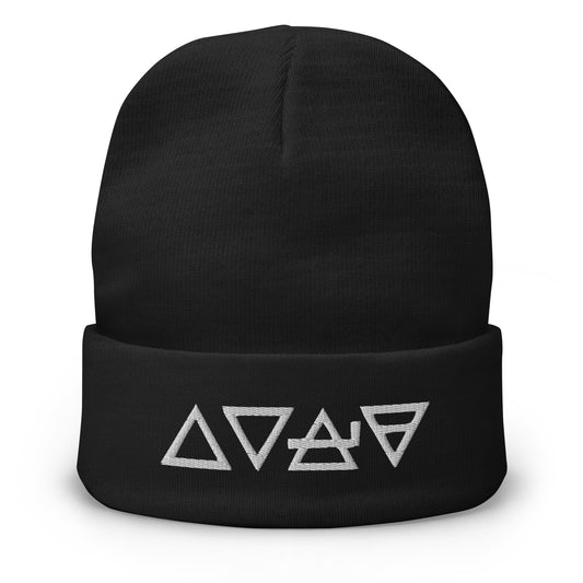 Black cuffed beanie with Fire Water Wind Earth The Four Elements of Matter embroidered artwork, front view