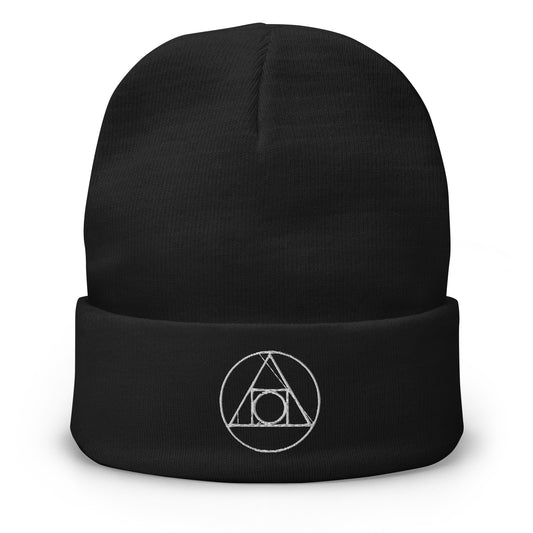 Black cuffed beanie with Philosopher's Stone Alchemy embroidered artwork, front view