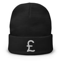 Black cuffed beanie with The British Pound Sterling Money Currency embroidered artwork, front view