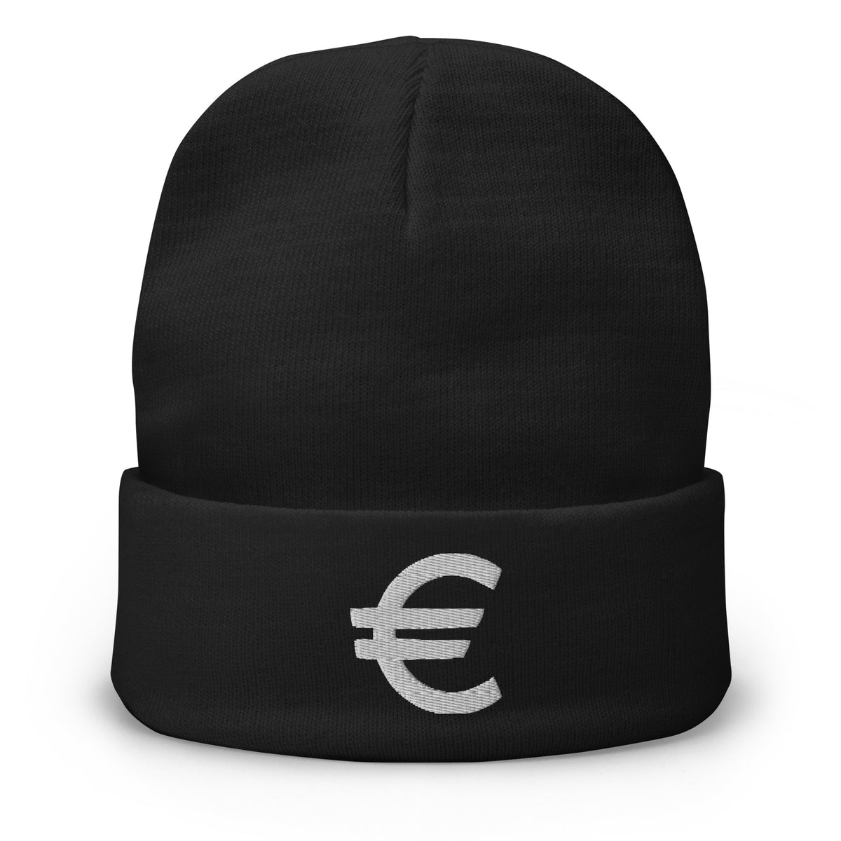 Black cuffed beanie with The Euro Currency Money of European Union embroidered artwork, front view