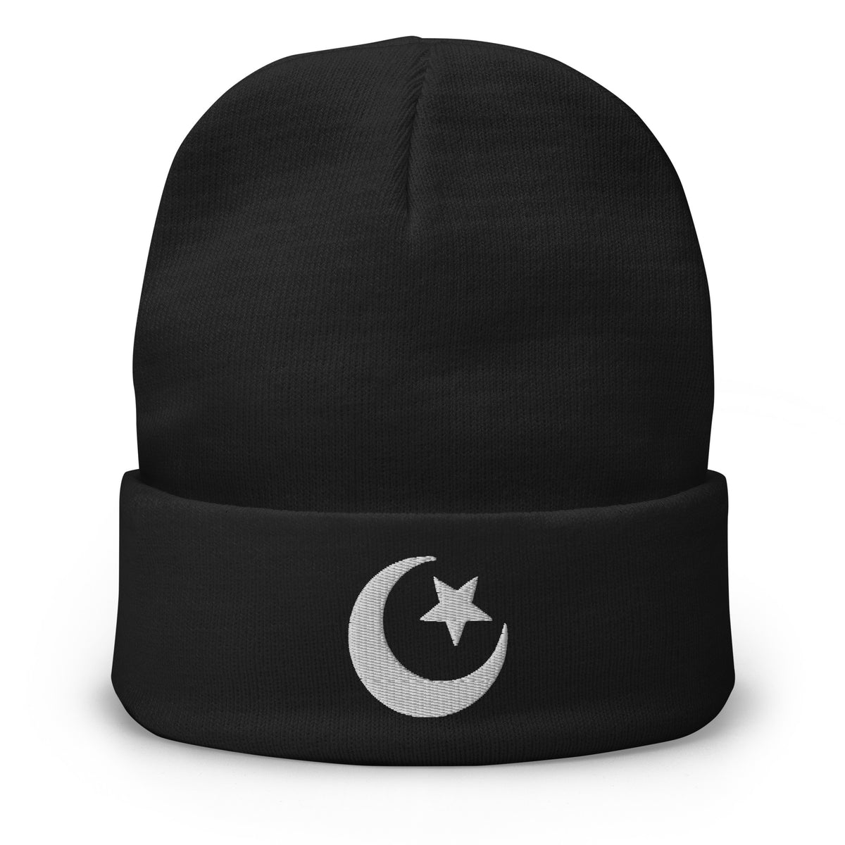 Black cuffed beanie with Star and Crescent Moon Ancient embroidered artwork, front view