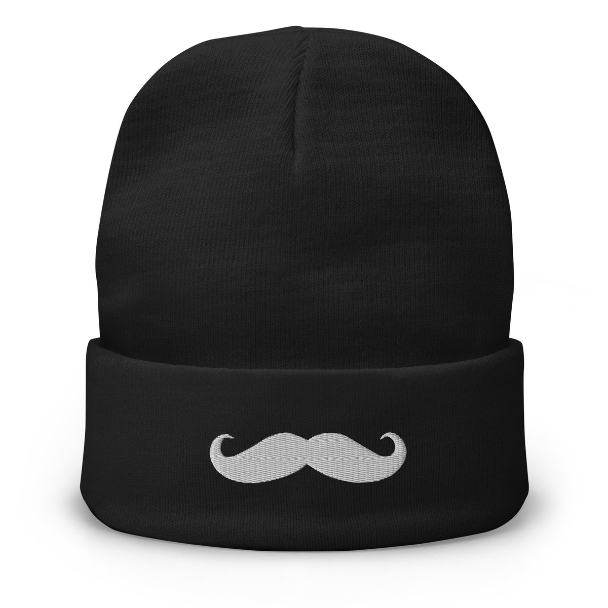 Black cuffed beanie with Classic Handlebar Mustache embroidered artwork, front view