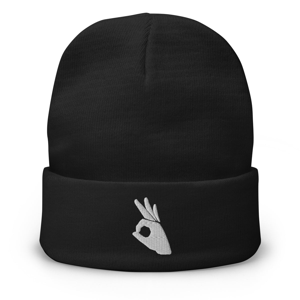Black cuffed beanie with Okay Sign Hand Gesture embroidered artwork, front view