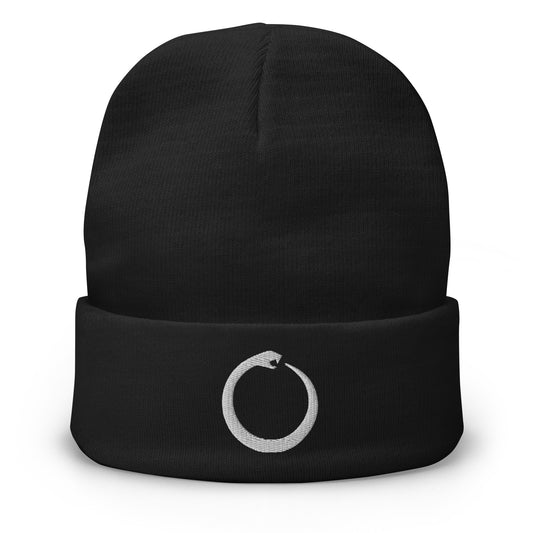 Black cuffed beanie with Ouroboros Snake Eating Tail Alchemy embroidered artwork, front view