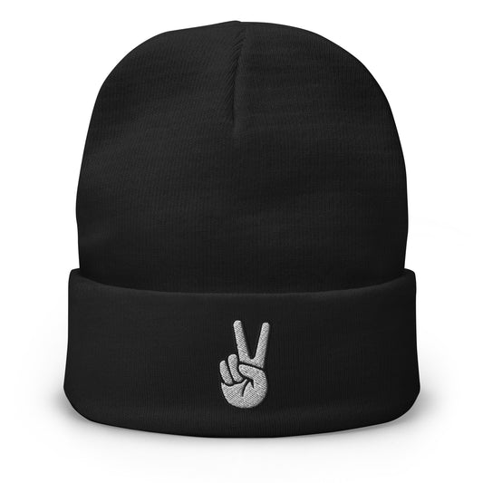 Black cuffed beanie with The V Sign for Victory Hand Gesture embroidered artwork, front view