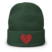 Green cuffed beanie with Red Broken Heart Valentine's Day embroidered artwork, front view