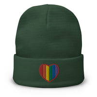 Green cuffed beanie with Gay Pride Rainbow Colors Heart embroidered artwork, front view