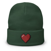 Green cuffed beanie with Retro 8 Bit Video Game Pixelated Heart embroidered artwork, front view