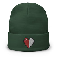 Green cuffed beanie with Retro 8 Bit Video Game Pixelated Half Life Heart embroidered artwork, front view