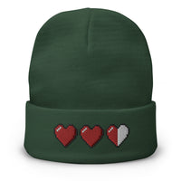 Green cuffed beanie with 3 Heart Meter Retro 8 Bit Video Game Pixelated embroidered artwork, front view