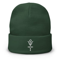 Green cuffed beanie with Antimony Alchemy Protection embroidered artwork, front view