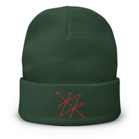 Green cuffed beanie with Red Sigil of Fallen Angel Azazel embroidered artwork, front view