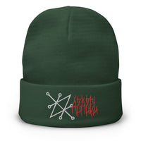 Green cuffed beanie with Sigil of Azazel Demon embroidered artwork, front view