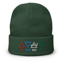 Green cuffed beanie with Four Elements of Matter: Fire, Water, Wind, Earth embroidered artwork, front view
