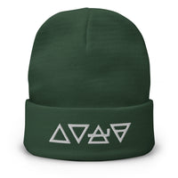 Green cuffed beanie with Fire Water Wind Earth The Four Elements of Matter embroidered artwork, front view