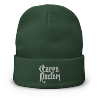 Green cuffed beanie with Carpe Noctem Seize The Night Vampire embroidered artwork, front view