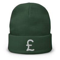Green cuffed beanie with The British Pound Sterling Money Currency embroidered artwork, front view