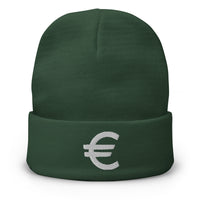 Green cuffed beanie with The Euro Currency Money of European Union embroidered artwork, front view