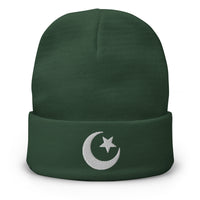 Green cuffed beanie with Star and Crescent Moon Ancient embroidered artwork, front view