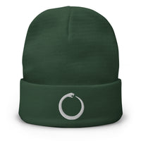 Green cuffed beanie with Ouroboros Snake Eating Tail Alchemy embroidered artwork, front view