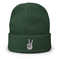 Green cuffed beanie with The V Sign for Victory Hand Gesture embroidered artwork, front view