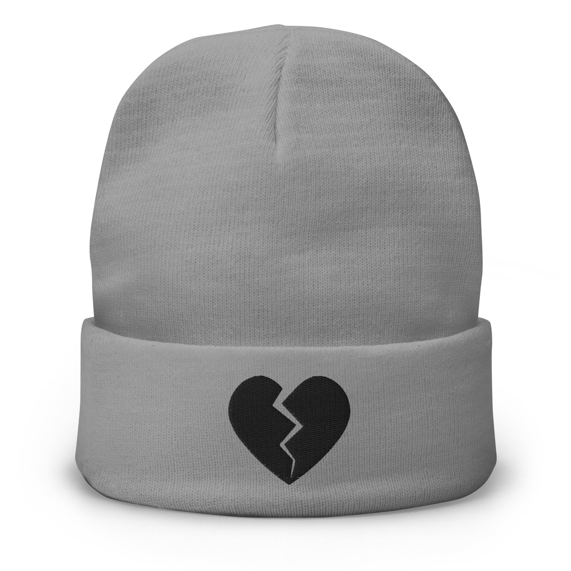 Goth Black Broken Heart Valentines Day Embroidered Cuff Beanie