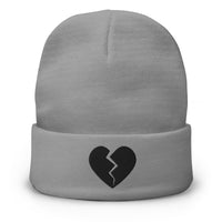 Gray cuffed beanie with Black Broken Heart Valentines Day embroidered artwork, front view