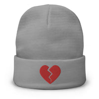 Gray cuffed beanie with Red Broken Heart Valentine's Day embroidered artwork, front view