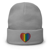 Gray cuffed beanie with Gay Pride Rainbow Colors Heart embroidered artwork, front view