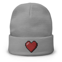 Gray cuffed beanie with Retro 8 Bit Video Game Pixelated Heart embroidered artwork, front view