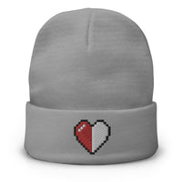 Gray cuffed beanie with Retro 8 Bit Video Game Pixelated Half Life Heart embroidered artwork, front view