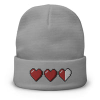 Gray cuffed beanie with 3 Heart Meter Retro 8 Bit Video Game Pixelated embroidered artwork, front view
