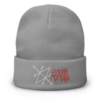 Gray cuffed beanie with Sigil of Azazel Demon embroidered artwork, front view