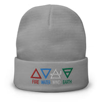 Gray cuffed beanie with Four Elements of Matter: Fire, Water, Wind, Earth embroidered artwork, front view
