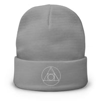 Gray cuffed beanie with Philosopher's Stone Alchemy embroidered artwork, front view