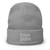 Gray cuffed beanie with Carpe Noctem Seize The Night Vampire embroidered artwork, front view