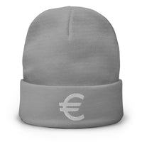 Gray cuffed beanie with The Euro Currency Money of European Union embroidered artwork, front view